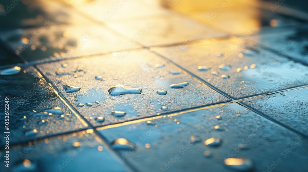 Poster rain droplets on a wet floor surface creating a reflective background atmosphere