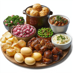 Traditional British roast dinner with vegetables and sides