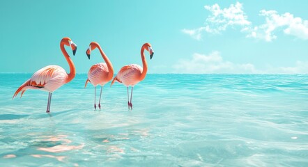 Obraz premium Tropical Paradise: Flamingos in a Tranquil Blue Sea on a Sunny Summer Day