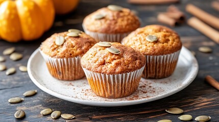Pumpkin spice muffins on a white plate, surrounded by pumpkin seeds and cinnamon dust, isolated on a dark wooden background