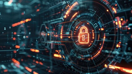 Fototapeta premium Cybersecurity concept: digital lock and data protection in futuristic interface design for technology and innovation