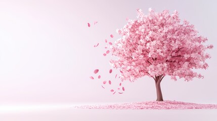 Obraz premium A beautiful pink blooming tree with petals falling against a soft pastel background.
