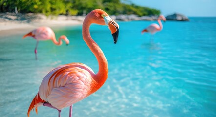 Vibrant Flamingos at Tropical Beach with Blue Sea and Palm Tree