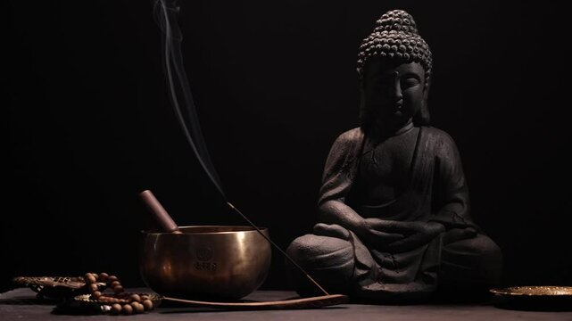 A smoldering incense stick in a holder, and a Tibetan singing bowl on a dark background next to the Buddha