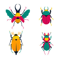 Set of cute, colorful insects. Sphaenognathus feisthameli, Mouhotia, Maybug, Rutelinae. Vector illustration, icon set.