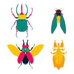 Set of cute, colorful insects. Allotopus rosenbergi, Leaf insect, Cicada, Rhinoceros beetle. Vector illustration, icon set.