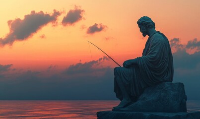 Silhouette of a man fishing at sunset.