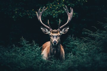Majestic Elk in the Green Forest, Making Eye Contact with Grandness of Wild Nature