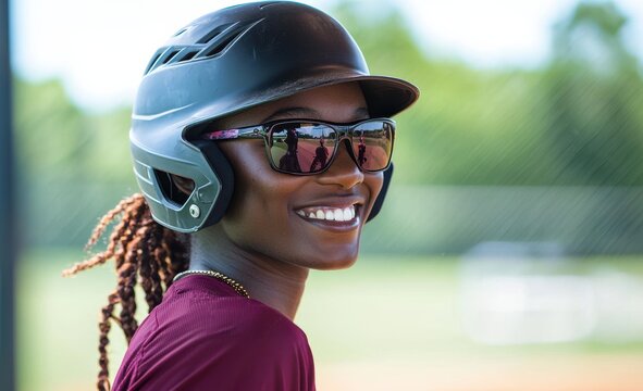 Smiling female athlete wearing sunglasses and a helmet, holding a baseball bat, captures the essence of competitive spirit on a sunny day at the ballpark.