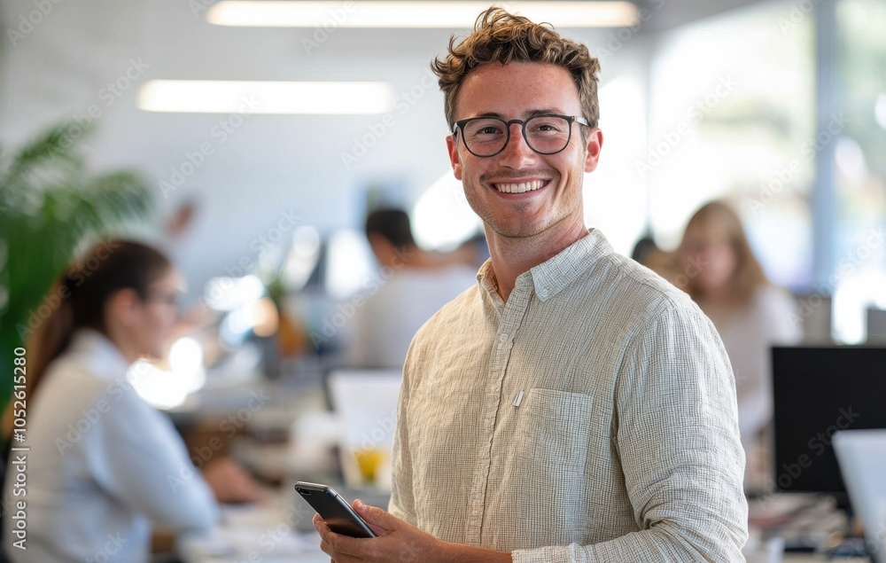 Poster smiling man in casual attire holding smartphone in modern office with blurred colleagues working in 