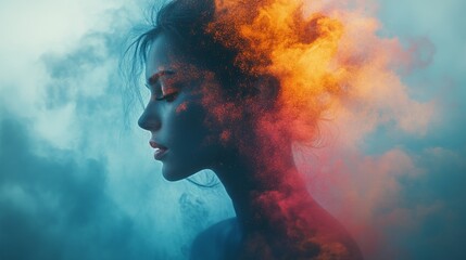 A woman's silhouette transforms with colorful smoke effects during a creative art session at dusk