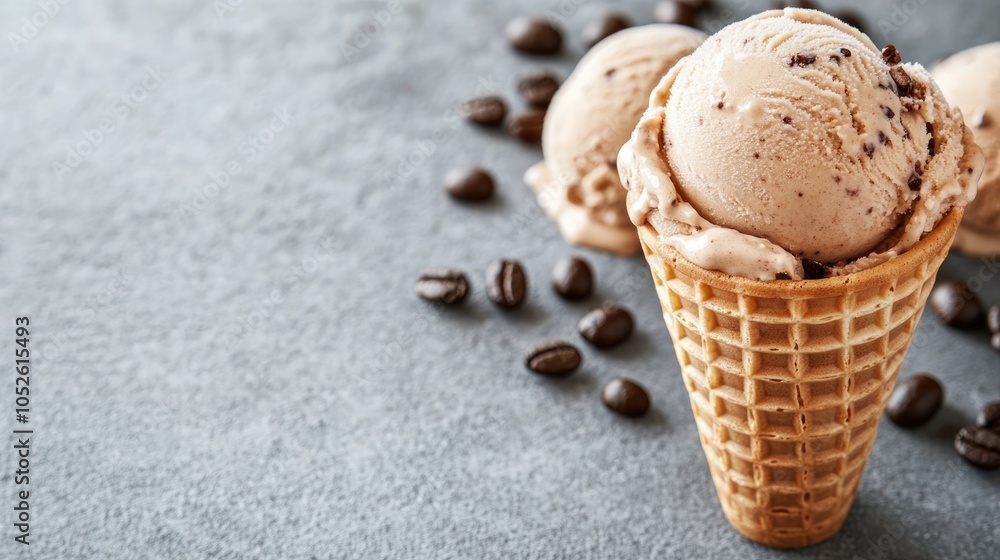 Poster homemade coffee ice cream served in a waffle cone against a gray stone surface a healthy summer trea