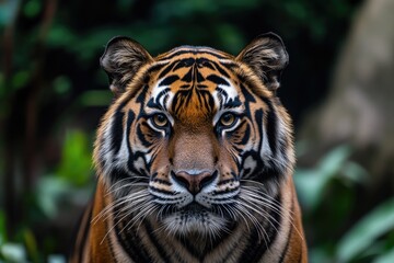 Fototapeta premium Majestic Bengal Tiger Portrait with Striking Black Stripes in Wildlife Habitat