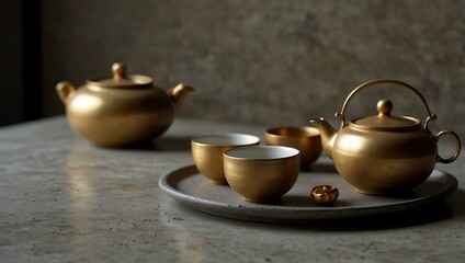 Fototapeta premium Tea ceremony featuring a golden teapot and Japanese ceramic cups on a concrete counter.