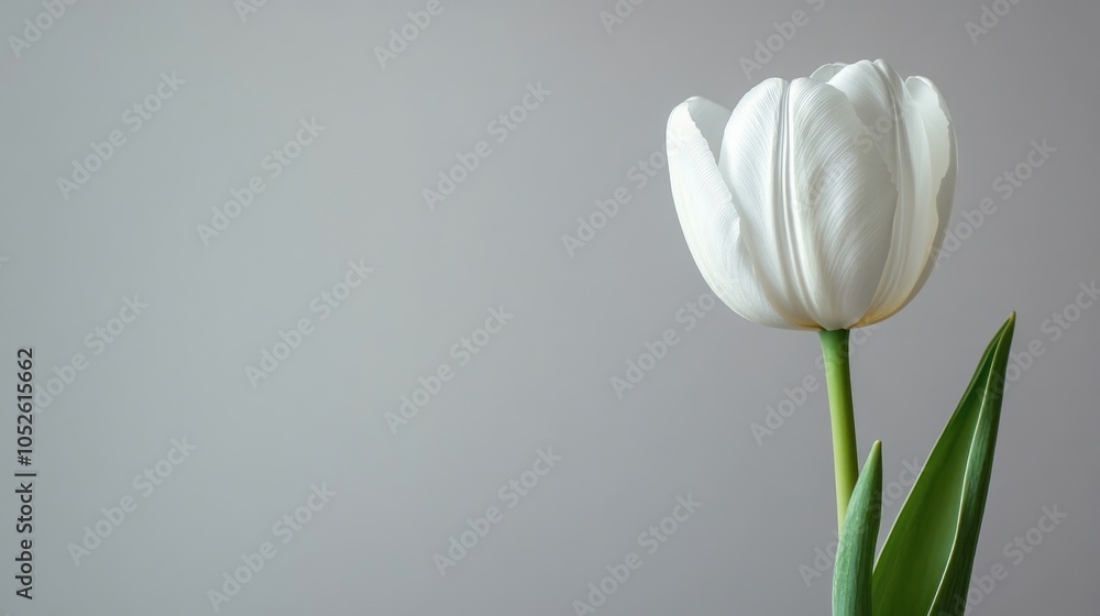 Poster white tulip flower against a soft grey background ample space for text emphasizing a minimalistic de