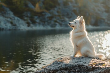 Beautiful White Husky Sitting by the Lake, Gazing Away at the Scenic Outdoors