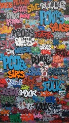 Obraz premium Colorful graffiti wall with vibrant tags and murals creating energetic visual texture