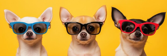 Fototapeta premium Colorful Sunglasses Trio: Adorable Chihuahua Puppies in Funny Studio Portrait