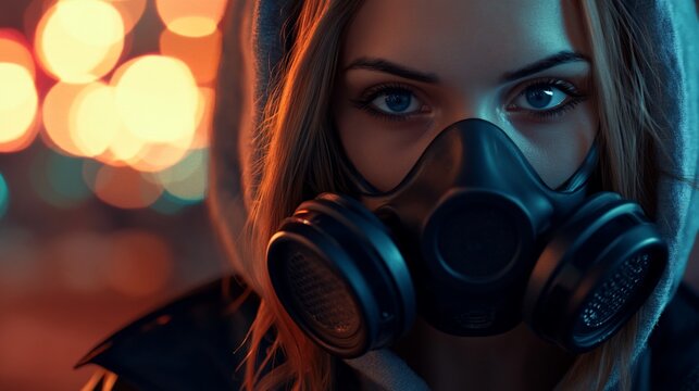 A young woman wearing a gas mask and hoodie looks intensely at the camera in front of a city lights background.