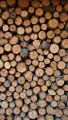 Rustic wall made of stacked firewood logs with natural rings