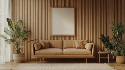 Creative composition of warm and cozy living room interior with mock-up poster frame, brown sofa, wooden partition wall, beige rug, plants, and personal accessories. Home decor