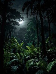 Tropical rainforest illuminated by moonlight.
