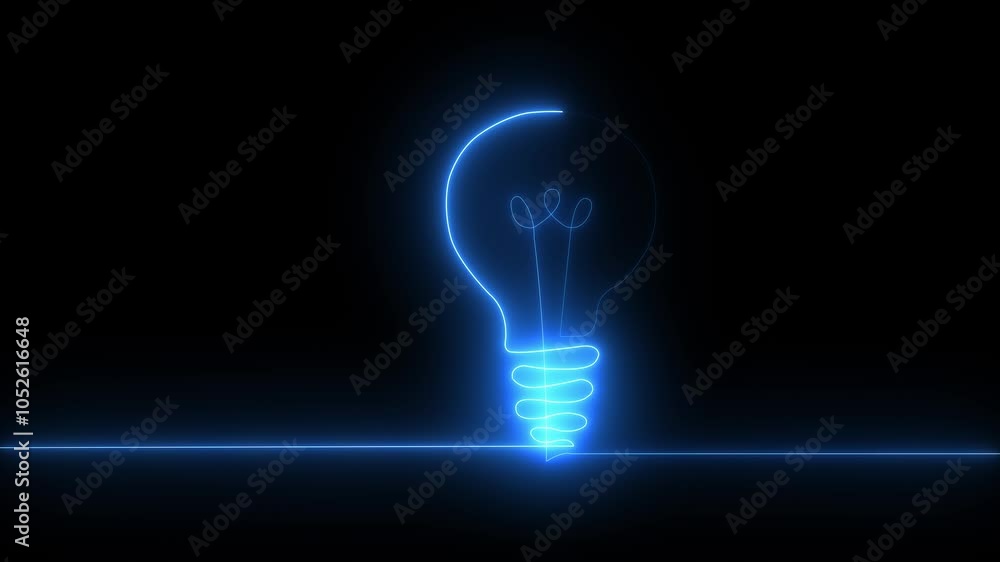 Poster self drawing simple animation of single continuous one line drawing of light bulb neon electric bulb