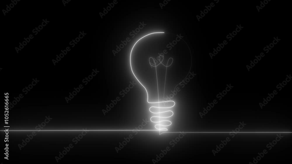Poster self drawing simple animation of single continuous one line drawing of light bulb neon electric bulb