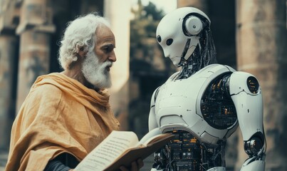 Fototapeta premium A man reads a book to a robot.