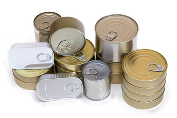 A Group of Stacked Tin Cans with Blank Edges Isolated on White Background. Canned Food. Different Aluminum Cans for Safe and Long Term Storage of Food. Steel Sealed Food Storage Containers - Isolation