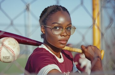 Young woman in maroon and white baseball attire holding a bat near a chain link fence