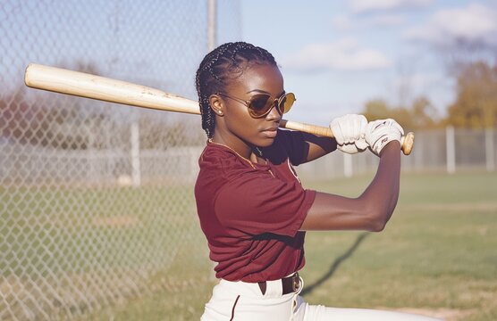 Confident young woman wearing maroon baseball uniform and stylish sunglasses ready to swing bat on sunny day