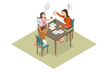 3D Isometric Flat  Illustration of Learning Alphabet, Kids in Kindergarten Classroom with Teacher
