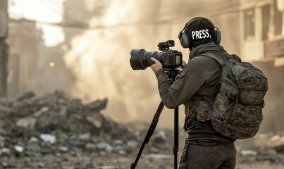 A journalist captures a scene with a camera.