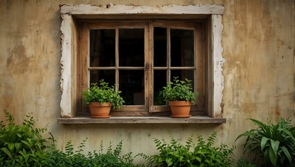 Vintage wooden window with green plants for interior decor.