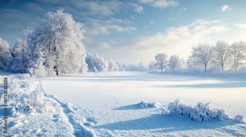 Poster stunning snow blanketed field featuring a dense layer of snow creating a serene and isolated winter 