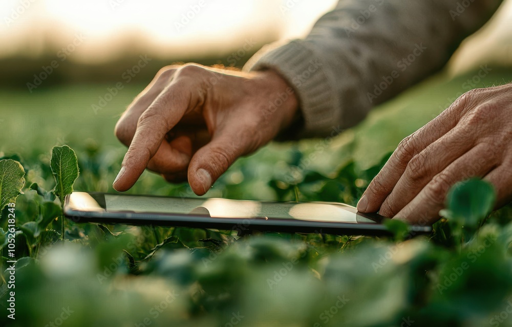 Poster close-up of a farmer using a tablet in a lush green field during golden hour, showcasing modern tech