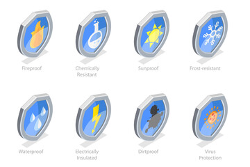 3D Isometric Flat  Set of Protection Proof, Signs of Resistance to External Infulence