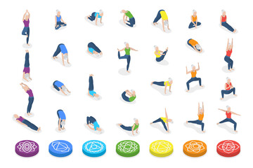 3D Isometric Flat Illustration of Chakra Systems , Collection of Yoga Poses for Women