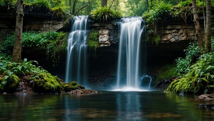 Obraz premium Waterfalls in a forest setting.