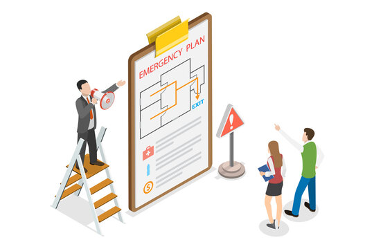 3D Isometric Flat  Illustration of Emergency Map, Office Evacuation Procedure
