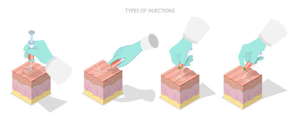 3D Isometric Flat  Illustration of Types Of Injections, Basic Medical Study