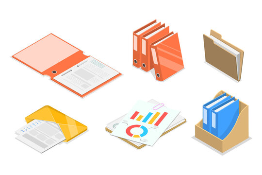 3D Isometric Flat  Set of Folders With Files, Business Paperwork