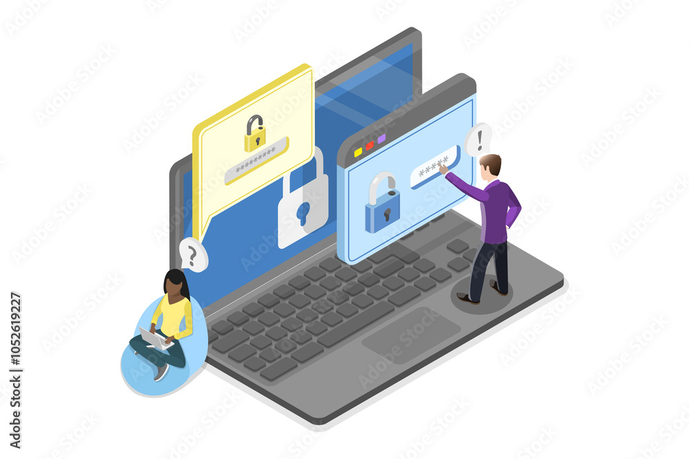 Poster 3d isometric flat illustration of digital verification, secure two-factor authentication