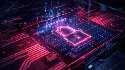 Fototapeta premium Futuristic cybersecurity concept with neon padlock on circuit board for technology design