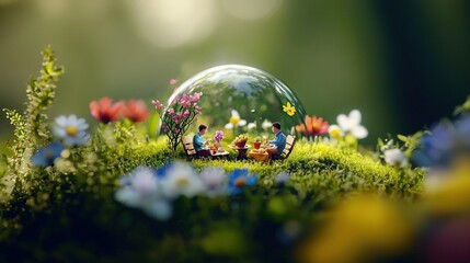   A glass ball rests atop a verdant field dotted with figurines