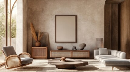 Elegant composition of warm living room interior with mock up poster frame, modular sofa, travertine coffee table, gray armchair, rattan sideboard, lamp and personal accessories