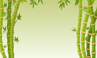 Bamboo background with green stalks. Natural plant banner with empty space. Asian bamboo sticks with leaves, decorative frame neoteric vector design