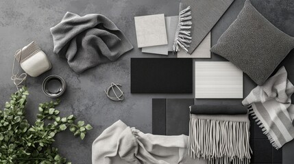 Elegant flat lay with grey and black textile and paint samples, lamella panels, tiles, and personal accessories