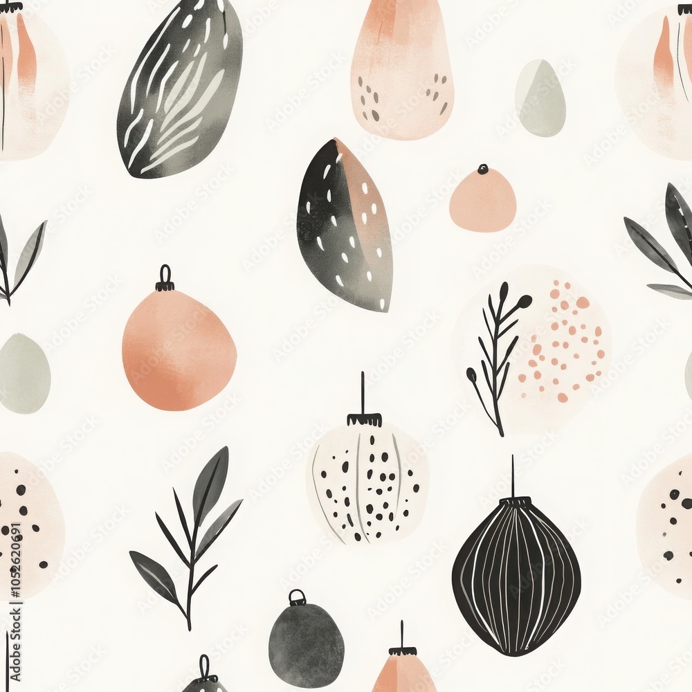 Poster a whimsical pattern featuring various abstract shapes of leaves and fruits in soft earth tones again